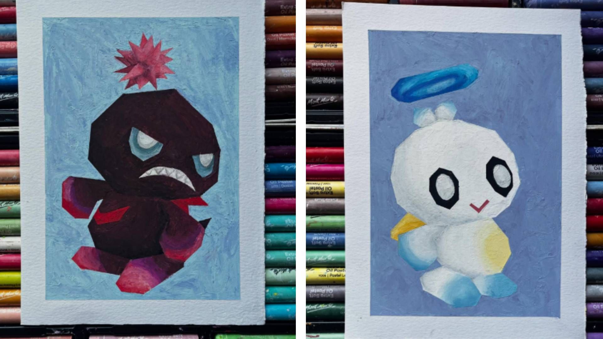 I hated using oil pastels in school, but this artist has made me want to give them a second chance thanks to their adorable, low-poly video game character paintings